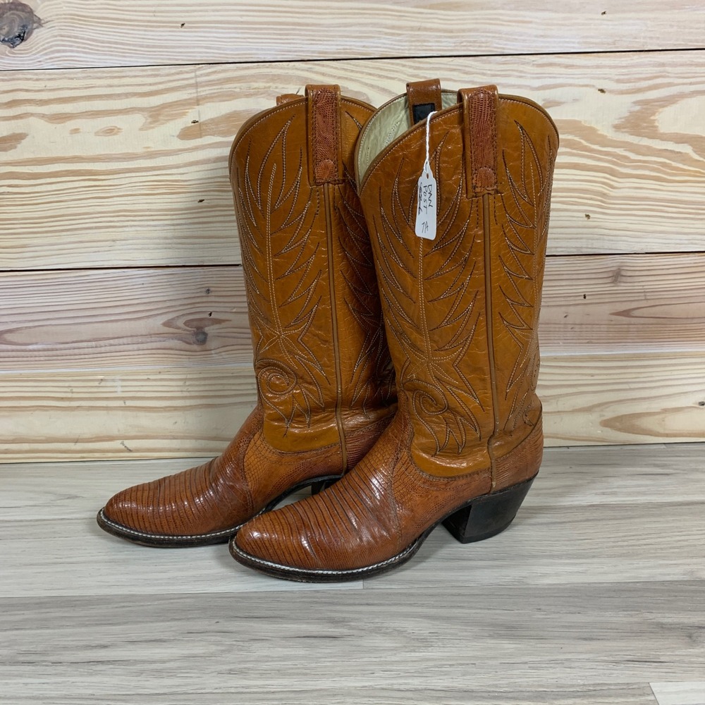 Vtg Dan Post Western Boots Women 7A Cognac Brown Lizard Skin Pointed Toe Cowgirl - Picture 3 of 13